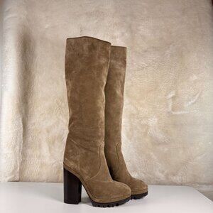 Michael Kors High Heel Platform Suede Knee High Boots With Rugged Sole
